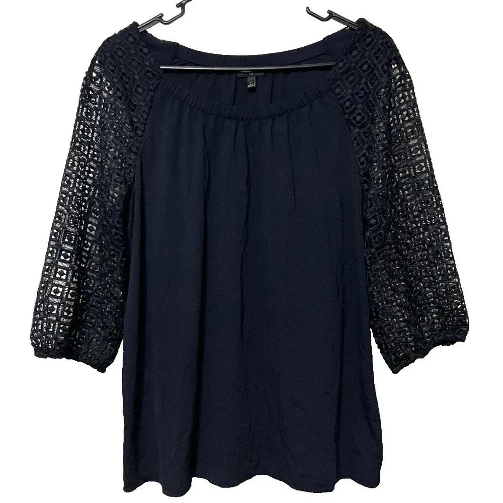 Talbots Plus Women's Size X Navy Blue Blouse Crochet Gothic Laced 3/4 Sleeves - Picture 2 of 8
